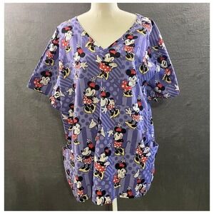 Disney Minnie Mouse Graphic Print Purple V-Neck Scrub Top Women's 3X Cotton